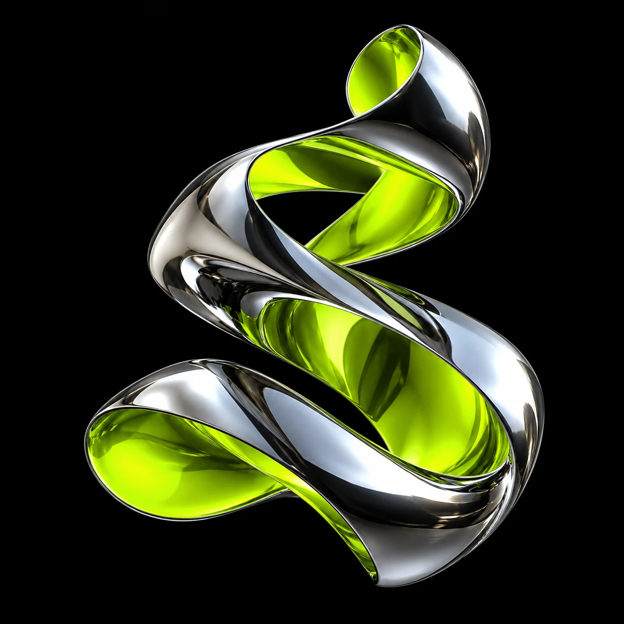 Sculptural chrome ribbon with vivid lime green reflections